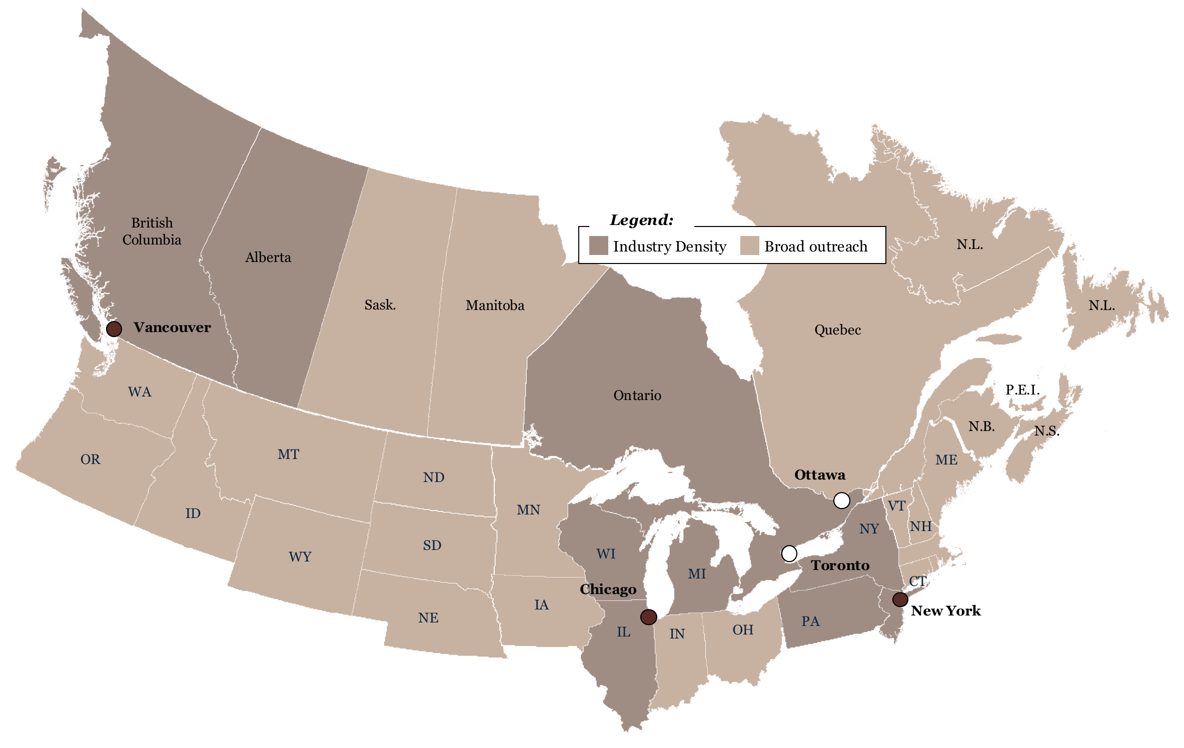 Map: Ontario, British Columbia, Alberta and the US Northeast and Midwest as primary focus, with broader outreach across Canada and the northern US